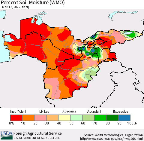 Central Asia Percent Soil Moisture (WMO) Thematic Map For 3/7/2022 - 3/13/2022