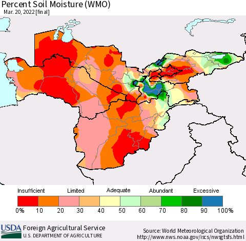Central Asia Percent Soil Moisture (WMO) Thematic Map For 3/14/2022 - 3/20/2022