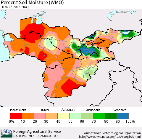 Central Asia Percent Soil Moisture (WMO) Thematic Map For 3/21/2022 - 3/27/2022