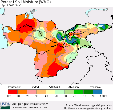 Central Asia Percent Soil Moisture (WMO) Thematic Map For 3/28/2022 - 4/3/2022