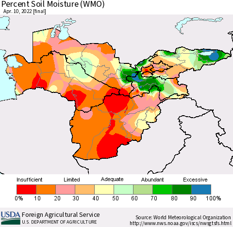 Central Asia Percent Soil Moisture (WMO) Thematic Map For 4/4/2022 - 4/10/2022