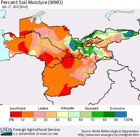 Central Asia Percent Soil Moisture (WMO) Thematic Map For 4/11/2022 - 4/17/2022
