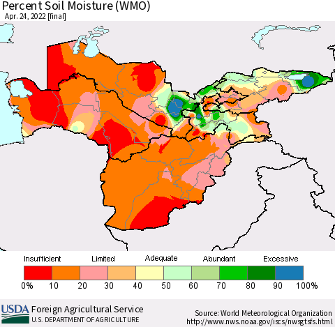 Central Asia Percent Soil Moisture (WMO) Thematic Map For 4/18/2022 - 4/24/2022