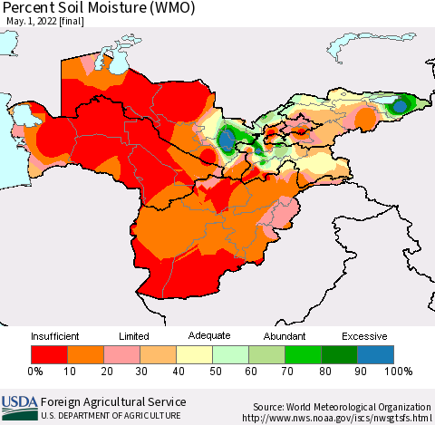 Central Asia Percent Soil Moisture (WMO) Thematic Map For 4/25/2022 - 5/1/2022