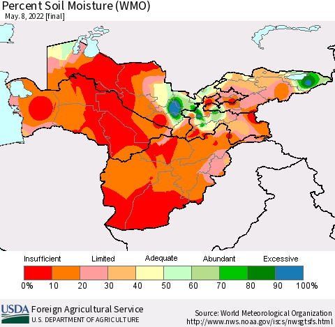 Central Asia Percent Soil Moisture (WMO) Thematic Map For 5/2/2022 - 5/8/2022