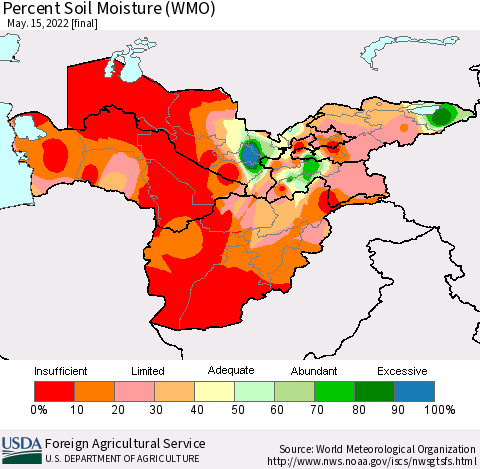 Central Asia Percent Soil Moisture (WMO) Thematic Map For 5/9/2022 - 5/15/2022