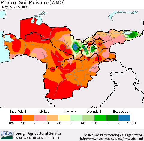 Central Asia Percent Soil Moisture (WMO) Thematic Map For 5/16/2022 - 5/22/2022