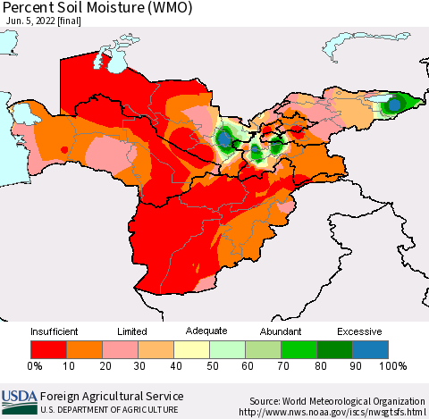 Central Asia Percent Soil Moisture (WMO) Thematic Map For 5/30/2022 - 6/5/2022