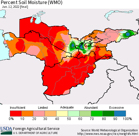 Central Asia Percent Soil Moisture (WMO) Thematic Map For 6/6/2022 - 6/12/2022