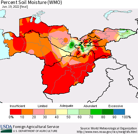 Central Asia Percent Soil Moisture (WMO) Thematic Map For 6/13/2022 - 6/19/2022