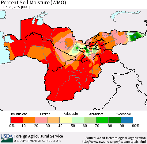 Central Asia Percent Soil Moisture (WMO) Thematic Map For 6/20/2022 - 6/26/2022