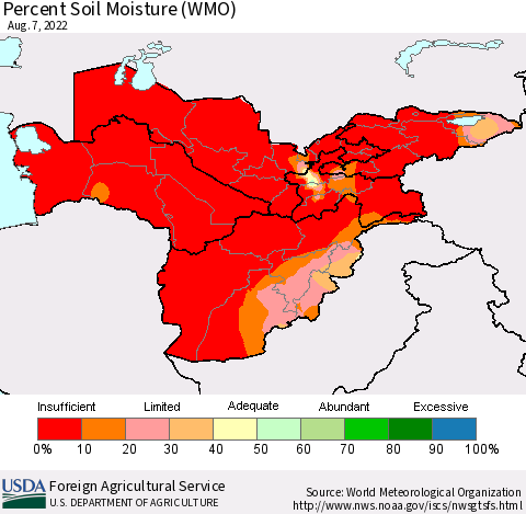 Central Asia Percent Soil Moisture (WMO) Thematic Map For 8/1/2022 - 8/7/2022