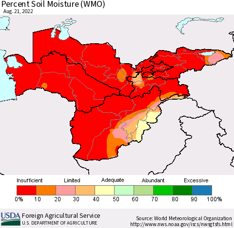 Central Asia Percent Soil Moisture (WMO) Thematic Map For 8/15/2022 - 8/21/2022