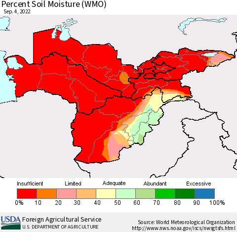 Central Asia Percent Soil Moisture (WMO) Thematic Map For 8/29/2022 - 9/4/2022