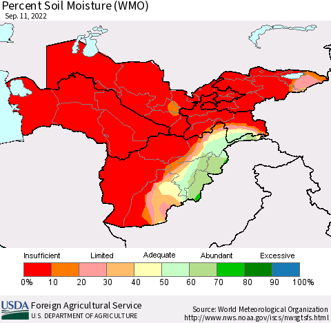 Central Asia Percent Soil Moisture (WMO) Thematic Map For 9/5/2022 - 9/11/2022