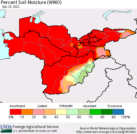 Central Asia Percent Soil Moisture (WMO) Thematic Map For 9/12/2022 - 9/18/2022