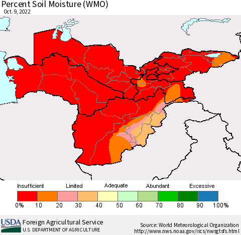 Central Asia Percent Soil Moisture (WMO) Thematic Map For 10/3/2022 - 10/9/2022