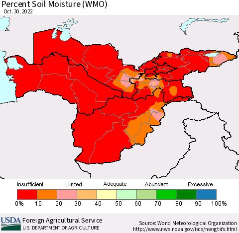 Central Asia Percent Soil Moisture (WMO) Thematic Map For 10/24/2022 - 10/30/2022