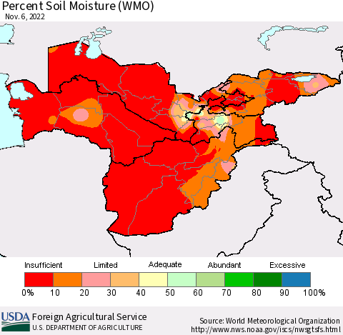 Central Asia Percent Soil Moisture (WMO) Thematic Map For 10/31/2022 - 11/6/2022