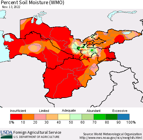 Central Asia Percent Soil Moisture (WMO) Thematic Map For 11/7/2022 - 11/13/2022