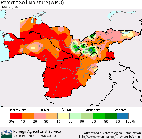 Central Asia Percent Soil Moisture (WMO) Thematic Map For 11/14/2022 - 11/20/2022