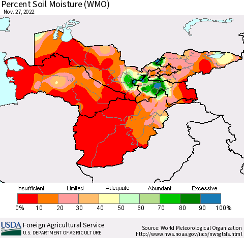 Central Asia Percent Soil Moisture (WMO) Thematic Map For 11/21/2022 - 11/27/2022