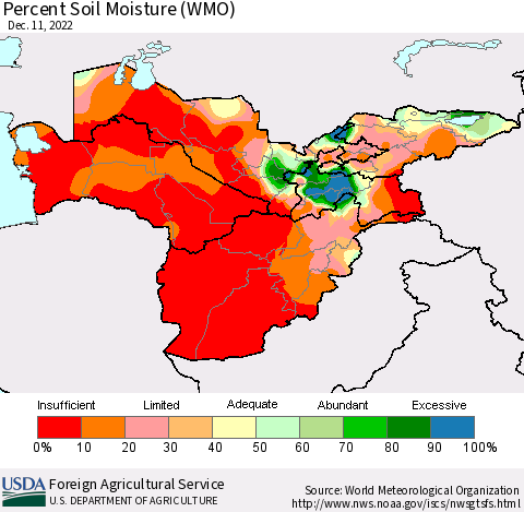 Central Asia Percent Soil Moisture (WMO) Thematic Map For 12/5/2022 - 12/11/2022