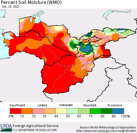 Central Asia Percent Soil Moisture (WMO) Thematic Map For 12/12/2022 - 12/18/2022