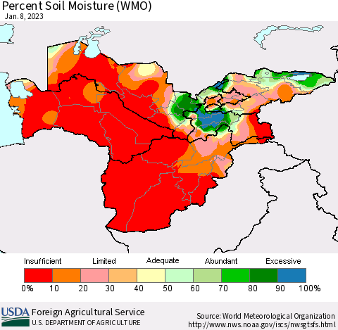 Central Asia Percent Soil Moisture (WMO) Thematic Map For 1/2/2023 - 1/8/2023
