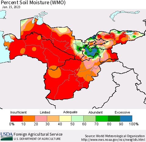 Central Asia Percent Soil Moisture (WMO) Thematic Map For 1/9/2023 - 1/15/2023