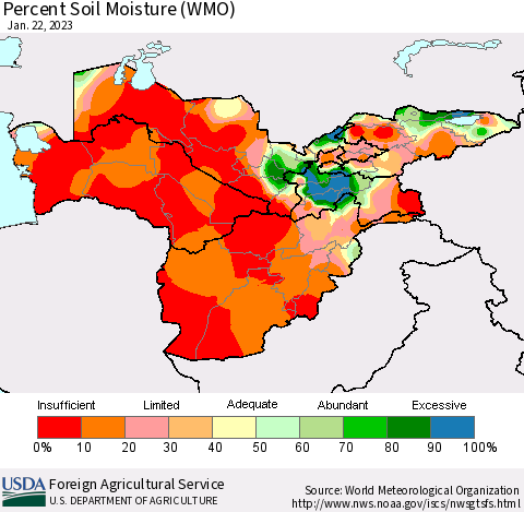 Central Asia Percent Soil Moisture (WMO) Thematic Map For 1/16/2023 - 1/22/2023