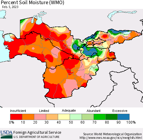 Central Asia Percent Soil Moisture (WMO) Thematic Map For 1/30/2023 - 2/5/2023