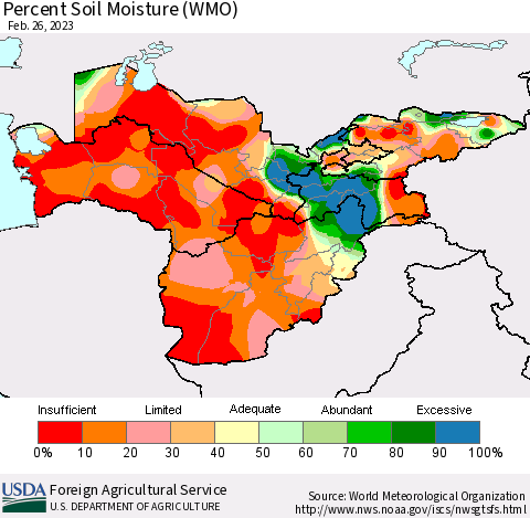 Central Asia Percent Soil Moisture (WMO) Thematic Map For 2/20/2023 - 2/26/2023