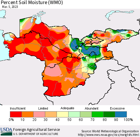 Central Asia Percent Soil Moisture (WMO) Thematic Map For 2/27/2023 - 3/5/2023