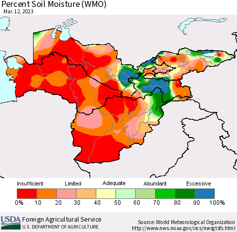 Central Asia Percent Soil Moisture (WMO) Thematic Map For 3/6/2023 - 3/12/2023