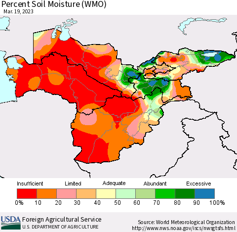 Central Asia Percent Soil Moisture (WMO) Thematic Map For 3/13/2023 - 3/19/2023