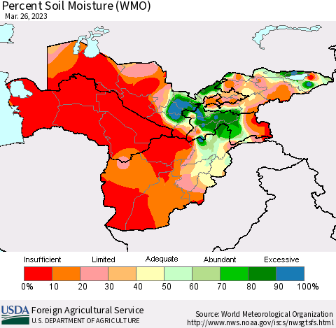 Central Asia Percent Soil Moisture (WMO) Thematic Map For 3/20/2023 - 3/26/2023