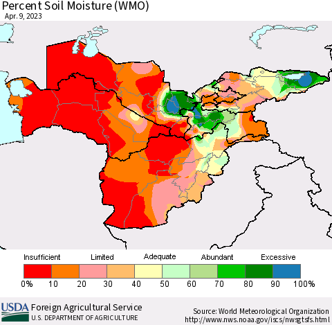 Central Asia Percent Soil Moisture (WMO) Thematic Map For 4/3/2023 - 4/9/2023