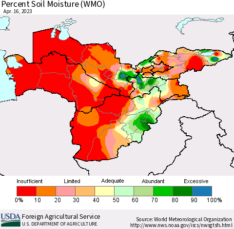 Central Asia Percent Soil Moisture (WMO) Thematic Map For 4/10/2023 - 4/16/2023