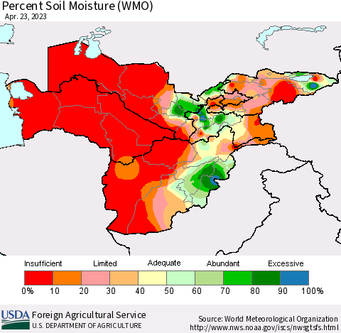 Central Asia Percent Soil Moisture (WMO) Thematic Map For 4/17/2023 - 4/23/2023