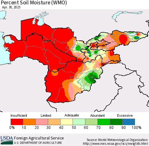 Central Asia Percent Soil Moisture (WMO) Thematic Map For 4/24/2023 - 4/30/2023