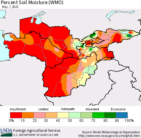 Central Asia Percent Soil Moisture (WMO) Thematic Map For 5/1/2023 - 5/7/2023