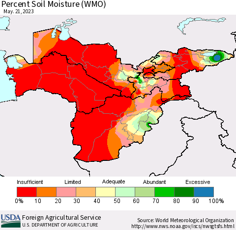 Central Asia Percent Soil Moisture (WMO) Thematic Map For 5/15/2023 - 5/21/2023