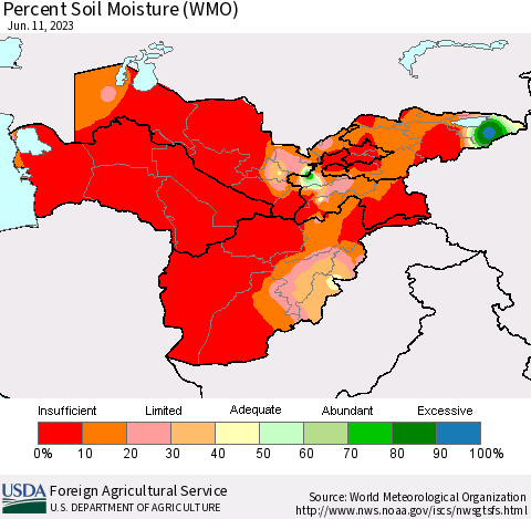 Central Asia Percent Soil Moisture (WMO) Thematic Map For 6/5/2023 - 6/11/2023