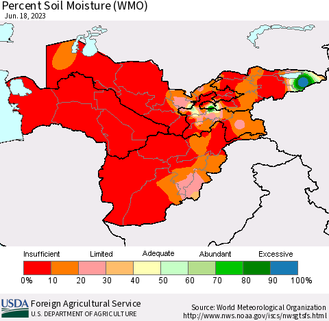 Central Asia Percent Soil Moisture (WMO) Thematic Map For 6/12/2023 - 6/18/2023