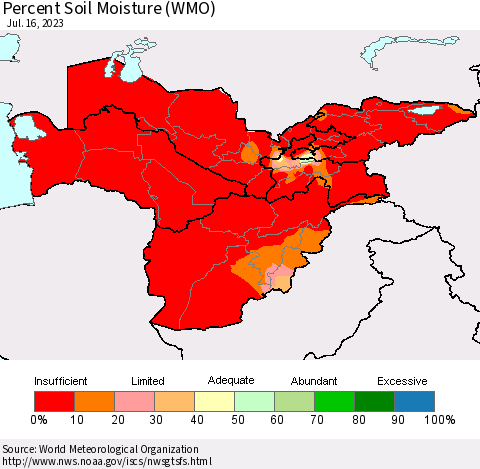 Central Asia Percent Soil Moisture (WMO) Thematic Map For 7/10/2023 - 7/16/2023