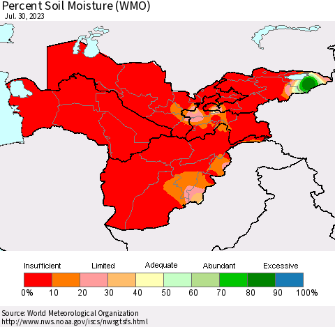 Central Asia Percent Soil Moisture (WMO) Thematic Map For 7/24/2023 - 7/30/2023