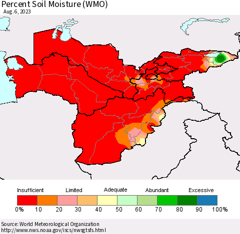 Central Asia Percent Soil Moisture (WMO) Thematic Map For 7/31/2023 - 8/6/2023