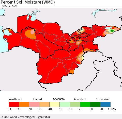 Central Asia Percent Soil Moisture (WMO) Thematic Map For 9/11/2023 - 9/17/2023