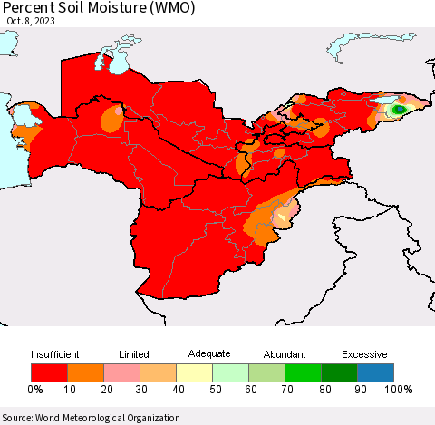 Central Asia Percent Soil Moisture (WMO) Thematic Map For 10/2/2023 - 10/8/2023